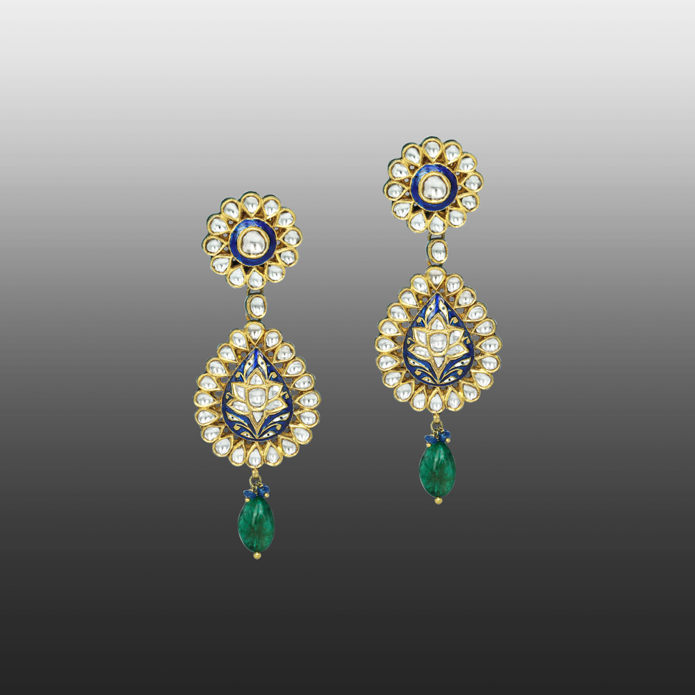 Blue Enamel Polki Earrings with Floral Design and Emerald Drops